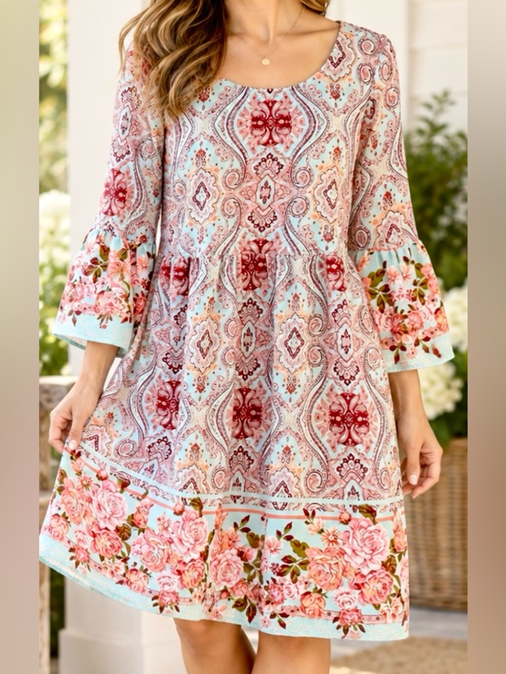 Uncle Frank Paisley Floral Bell Sleeve Boho Dress Size M Made in USA
